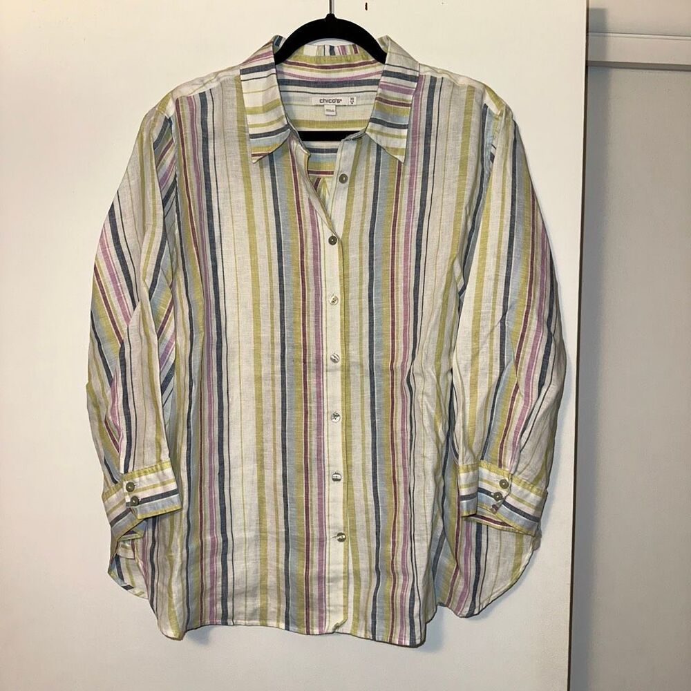 Chicos Women’s Size 3.5 (18) Linen Button Down Collared Blouse Colorful Stripes